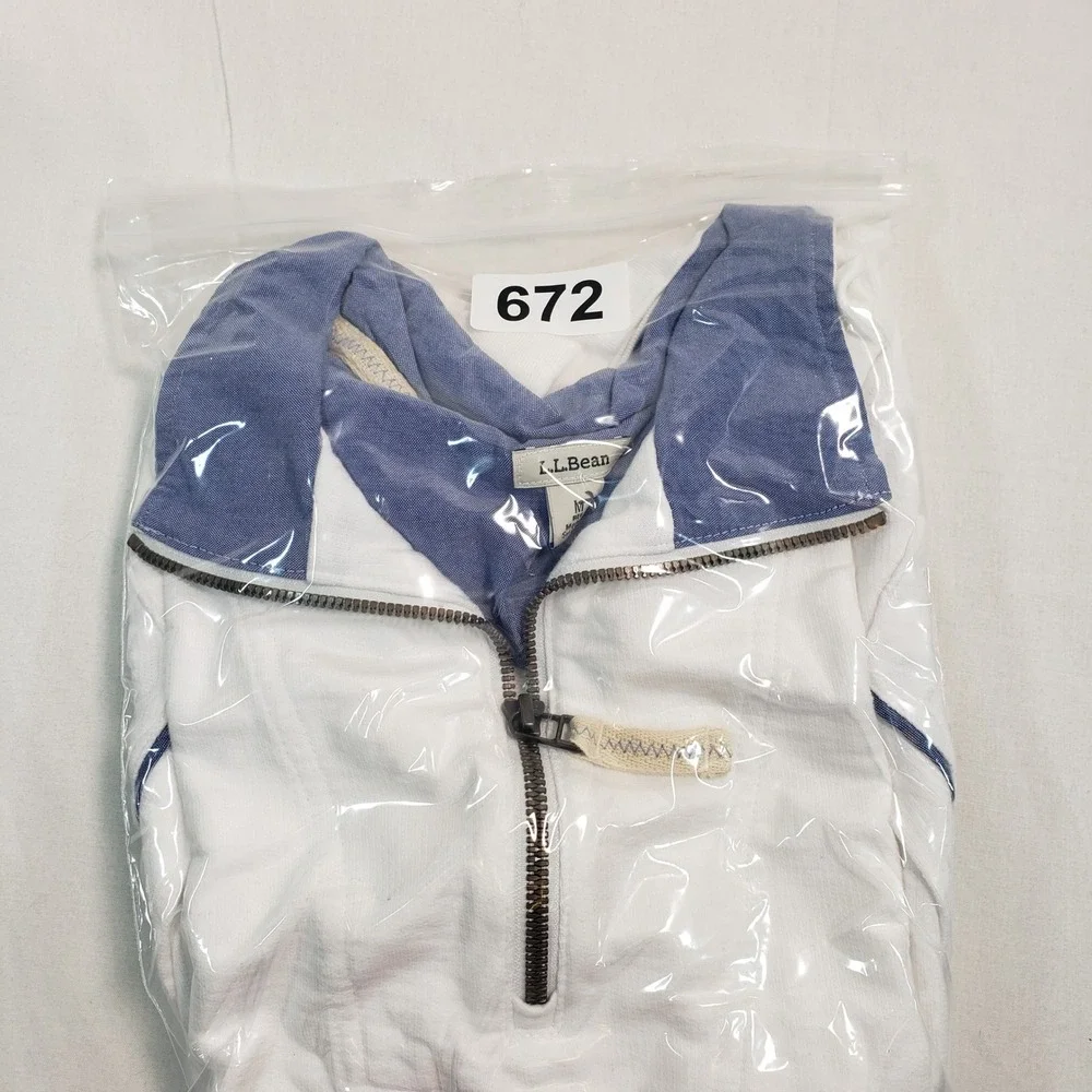 L.L. Bean Organic Cotton Quarter Zip Pullover Womens Medium White Blue 513193 - Picture 8 of 8